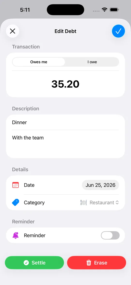 Settli, détail dette sur iPhone