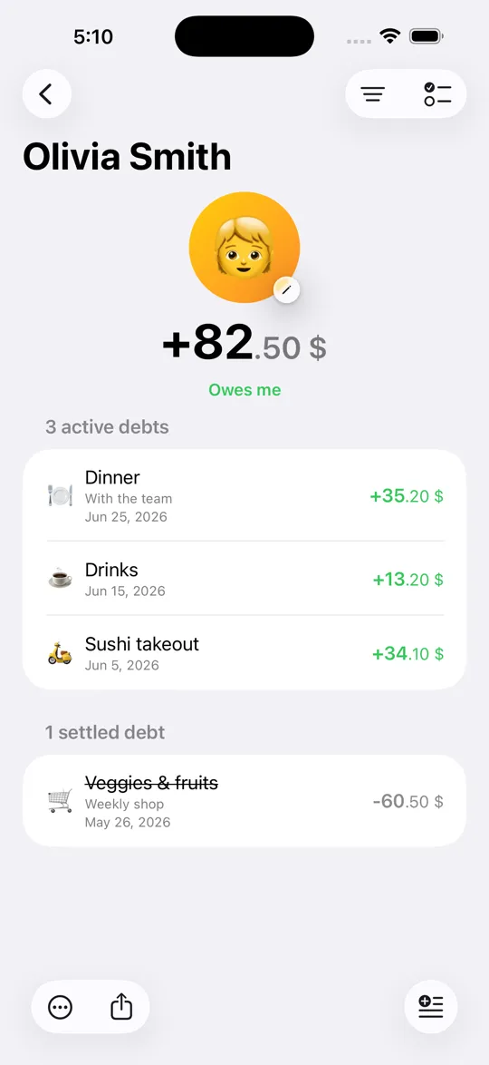 Settli, fiche personne et dettes sur iPhone