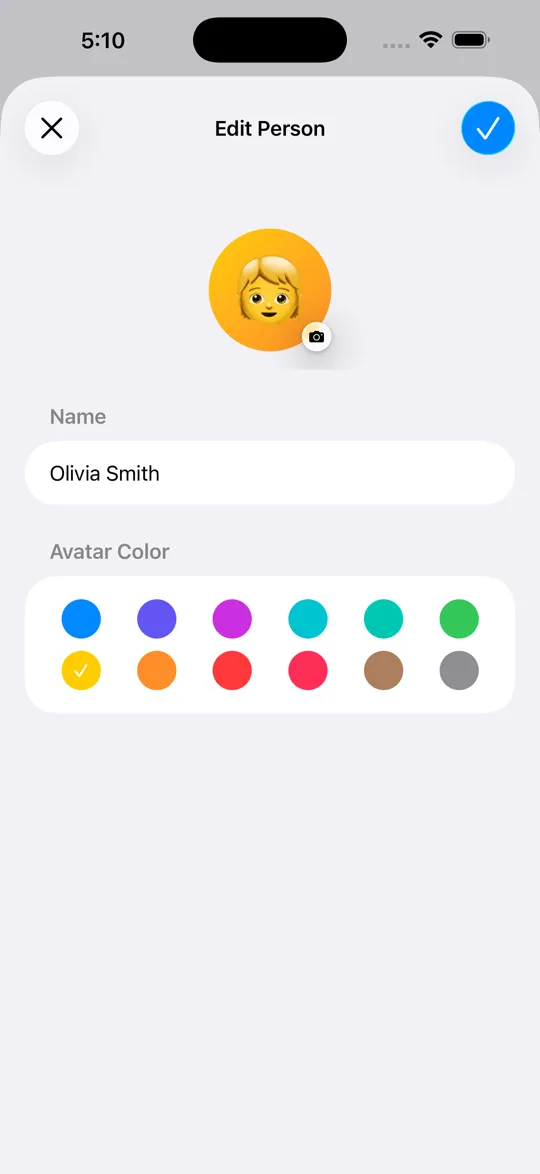 Settli, édition d'une personne sur iPhone