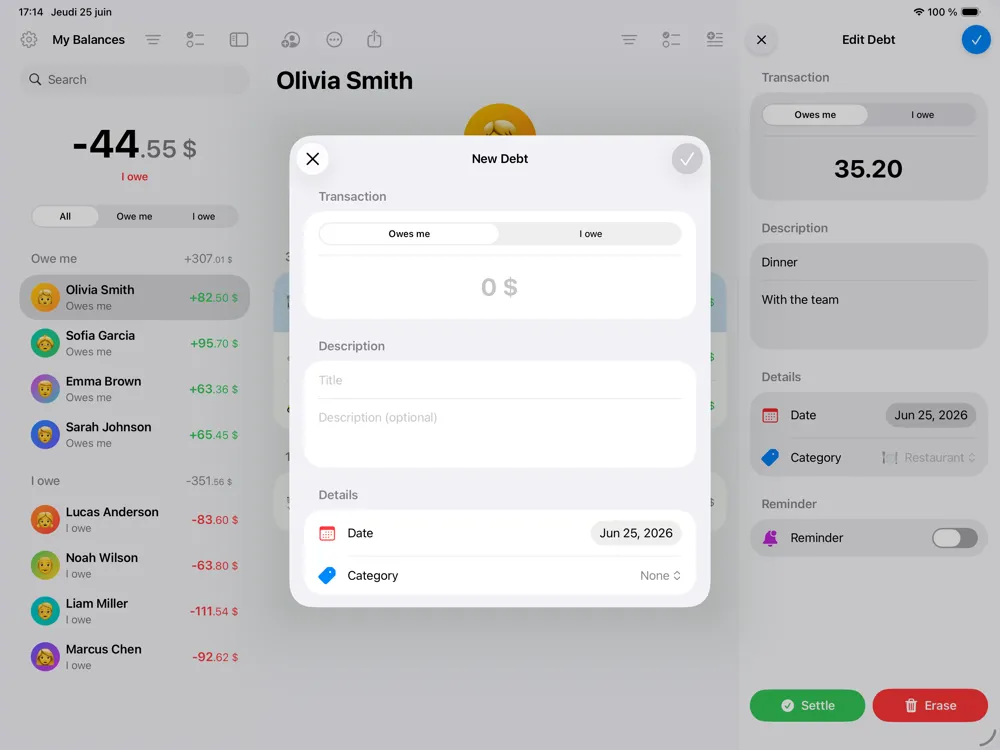 Settli, édition d'une dette sur iPad