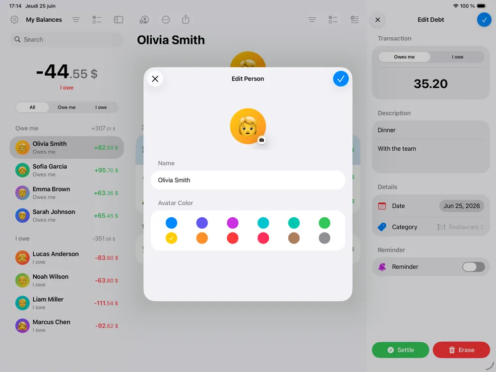 Settli, édition d'une personne sur iPad