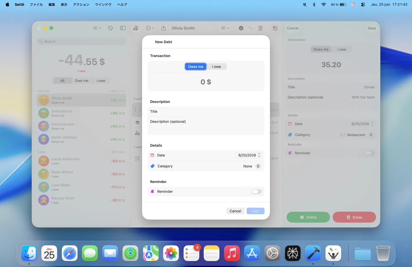 Settli, modifier une dette sur Mac