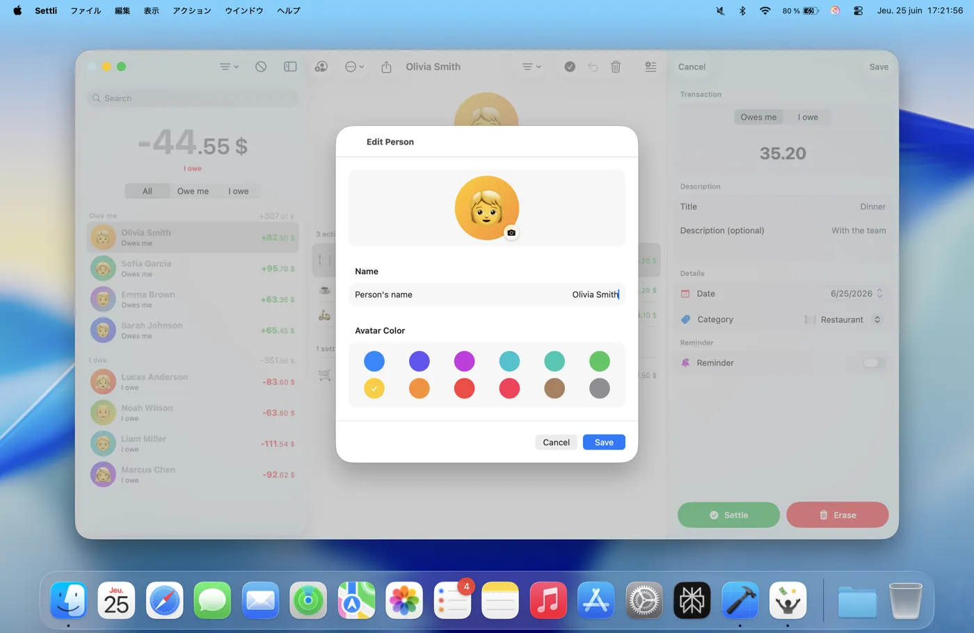 Settli, modifier une personne sur Mac