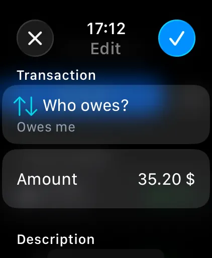 Settli, édition d'une dette sur Apple Watch